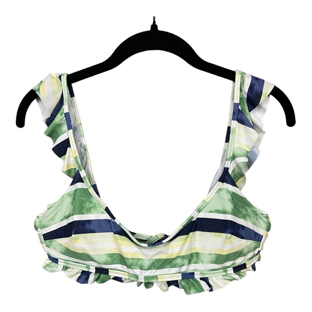 Aerie Ruffle Trim Tie Back Bikini Top in Green and Navy Blue Size M NWT